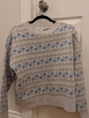Simons Cream Fair Isle Crewneck Sweater with Blue Pattern